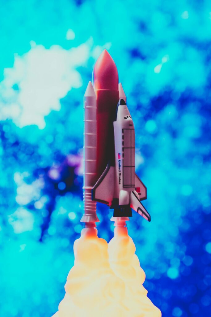 Dramatic space shuttle launch with vibrant colors highlighting the fusion of technology and exploration.