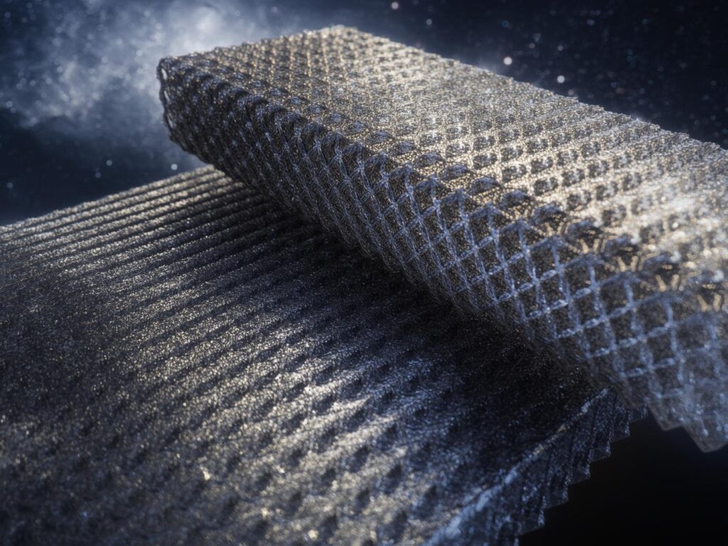 Futuristic 3D render of printable metallic materials designed and developed by NASA, showcasing intricate lattice structures and polished surfaces with a subtle sheen, set against a deep space background with nebulae.